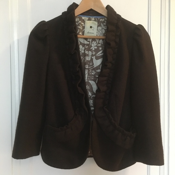 Anthropologie elevenses Brown Wool Ruffle Blazer - Picture 1 of 8